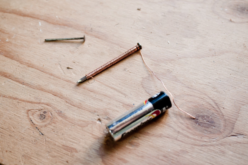 AA battery, copper wire and a couple of nails