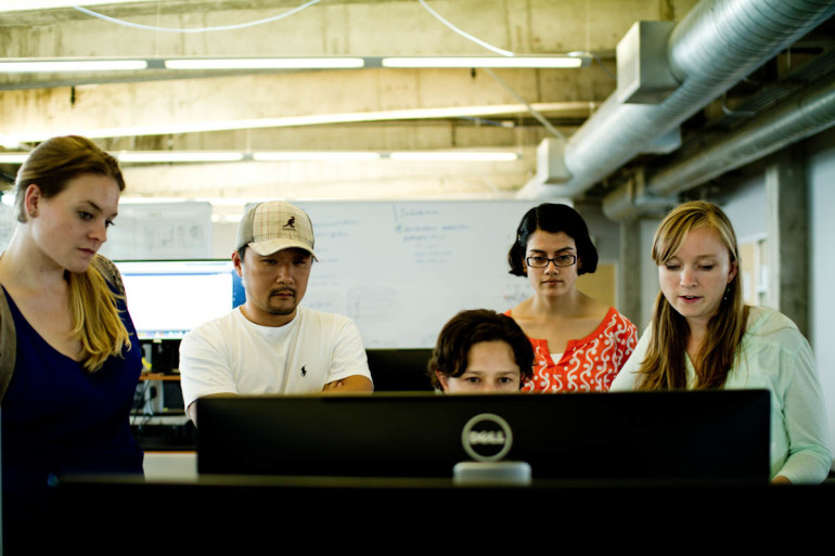 A lot of time was spent huddling around monitors sharing new designs